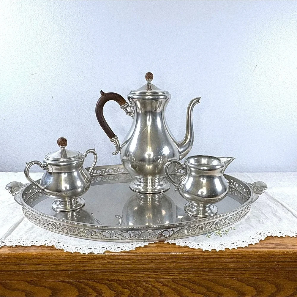 Vintage Royal Holland Pewter Coffee Set with Wood Accents and Gallery Tray